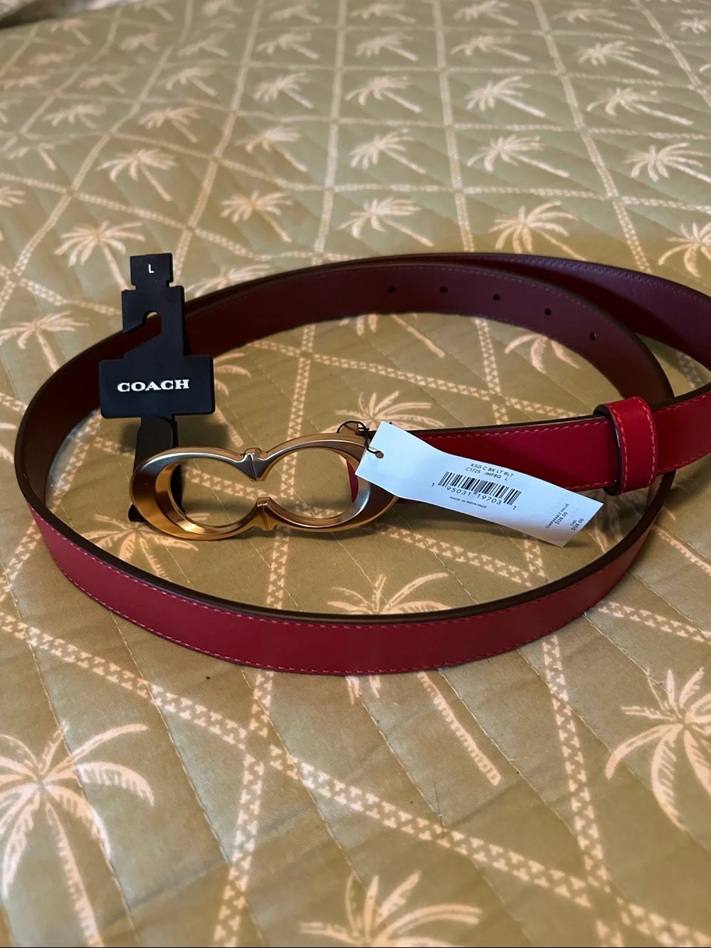Coach Pink-Red Leather Belt with Gold Double-C Buckle
